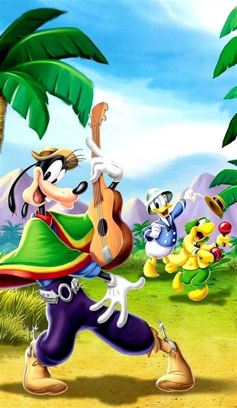 Goofy And Pluto Playing The Guitar Under A Palm Tree With Other Cartoon