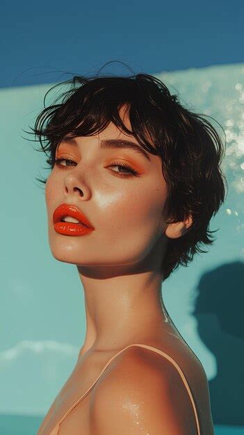 Premium Photo A Woman With A Bright Orange Lip And A Short Haircut