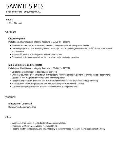 Business Integrity Associate Resume Samples Velvet Jobs