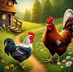 Two Roosters Are Standing In The Grass Near A Small House And A Dirt Path