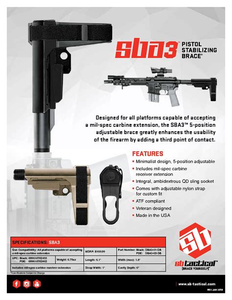 Sb Tactical Sba3 Ar Pistol Stabilizing Brace 5 Position Adjustable