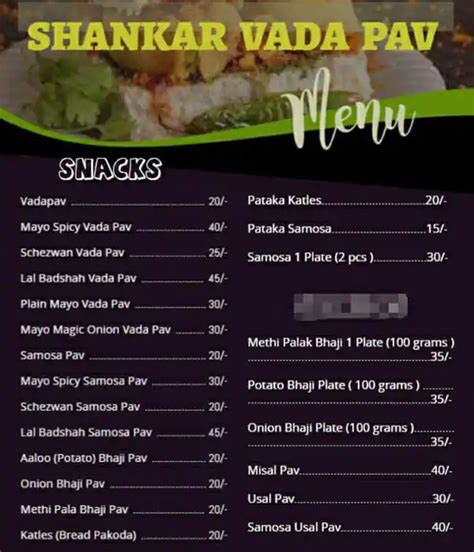 Menu Of Shankar Vada Pav Kandivali West Mumbai