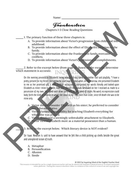 Frankenstein Chapters 1 3 Close Reading Worksheet Teaching Resources