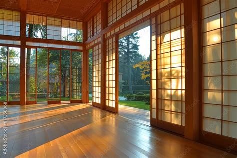 The Golden Light Of Sunset Shines Through Shoji Screens In A Spacious