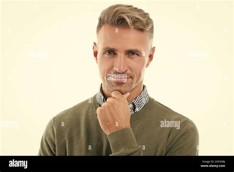 Cheerful Mature Unshaven Man With Stubble Isolated On White Background