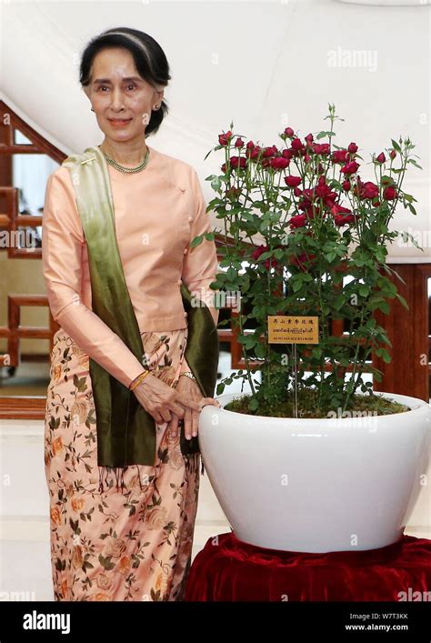 Myanmar State Counselor Daw Aung San Suu Kyi poses with a pot of roses ...