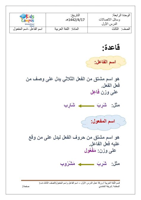 ورقة عمل اسم الفاعل واسم المفعول Worksheet Workbook Language Teachers