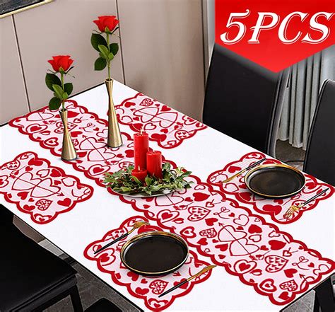 Valentine S Day Table Runner And Placemats Red Set Of 5 1PC Lace