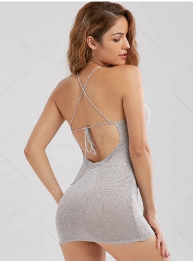 Knit Sheer Backless Criss Cross Mini Dress Light Gray One