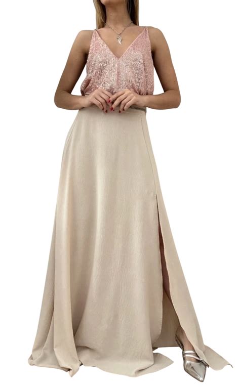 Conjunto Ambar Pailettes Rose Maxifalda Bogota Crepe Nude