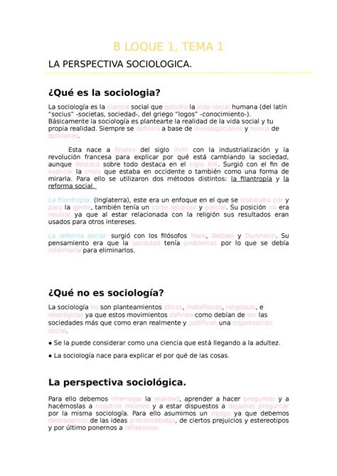 Sociologia B LOQUE 1 TEMA 1 LA PERSPECTIVA SOCIOLOGICA Qué es la