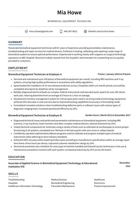 Biomedical Equipment Technician Resume (CV) Example and Writing Guide