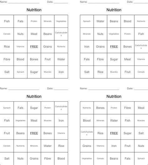 Nutrition Bingo Cards Wordmint