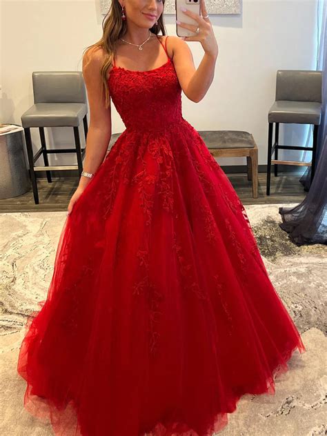 Long A Line Tulle Lace Backless Prom Dresses Red Formal Evening Dresse Biztunnel