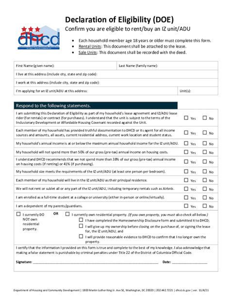 Fillable Online Dhcd Dc DECLARATION OF ELIGIBILITY Sample ClausesLaw