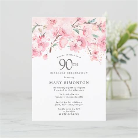 Blush Pink Cherry Blossom Floral 90th Birthday Invitation Zazzle