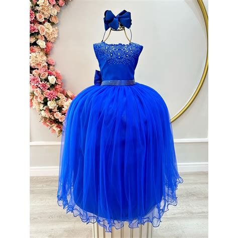 Vestido Infantil Damas de Honra Longo Casamentos Azul Royal C Pérolas