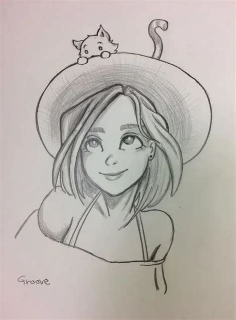 A Drawing Of A Woman Wearing A Hat With A Cat Sitting On Top Of Her Head