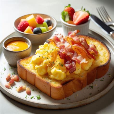 Una Rebanada De Pan De Ajo Asado Cubierto De Huevos Revueltos Tocino Y