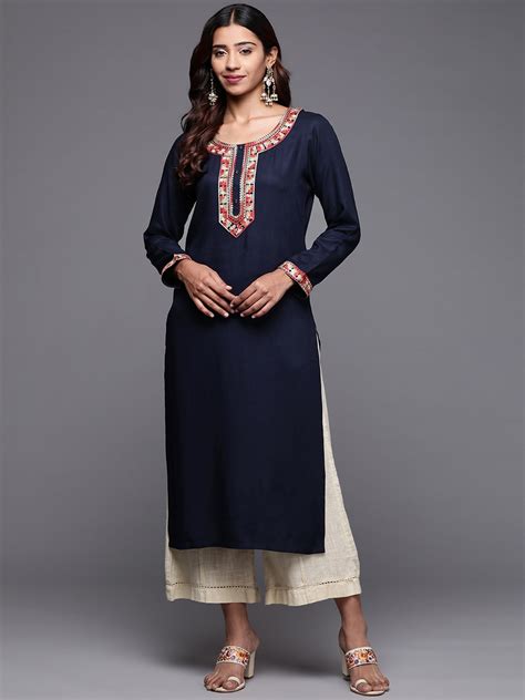 Buy Libas Women Navy Blue Floral Yoke Design Pashmina Wool Kurta