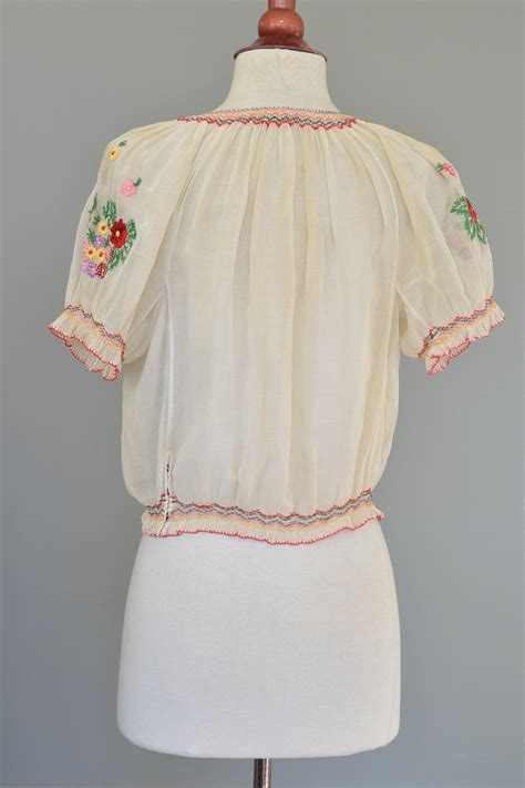 Off White Chiffon Embroidered Spring Flowers Peasant Top Vintagevirtuosa