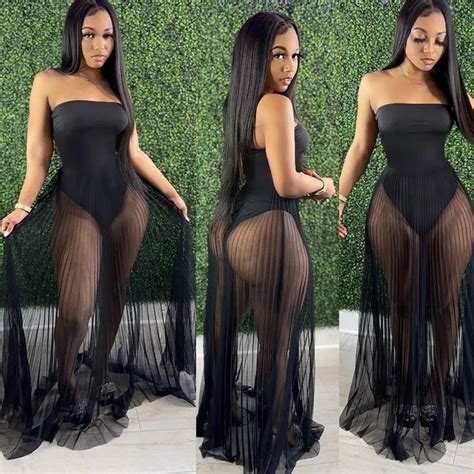 Summer Women See Through Mesh Sexy Maxi Dress Sleeveless Backless Strapless Multiway Swing