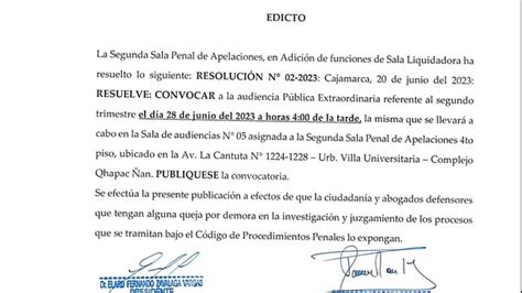 Segunda Sala Penal De Apelaciones De Cajamarca Convoca A La Audiencia