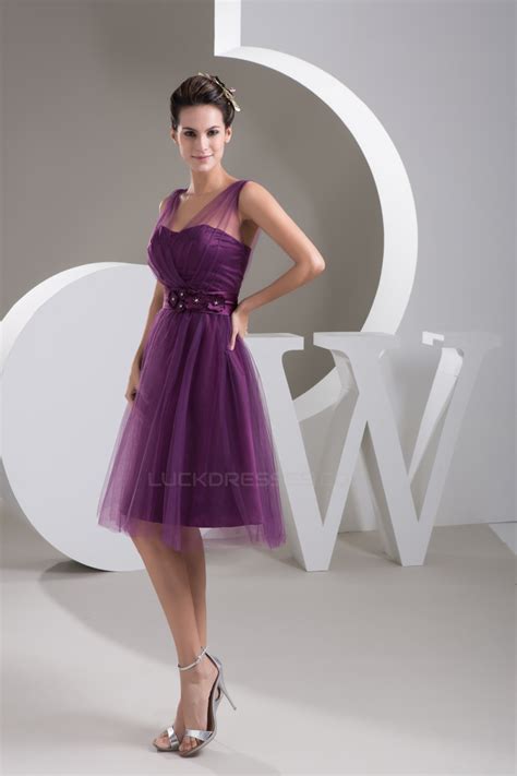 Satin Fine Netting V Neck Knee Length Short Purple Bridesmaid Dresses