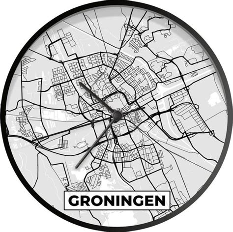 Klok Ø 30 Cm Stadskaart Groningen Grijs Wit Zwart