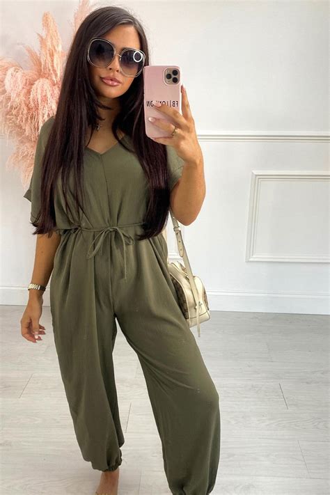 Belted Short Sleeve Jumpsuit In Khaki Shopperboard