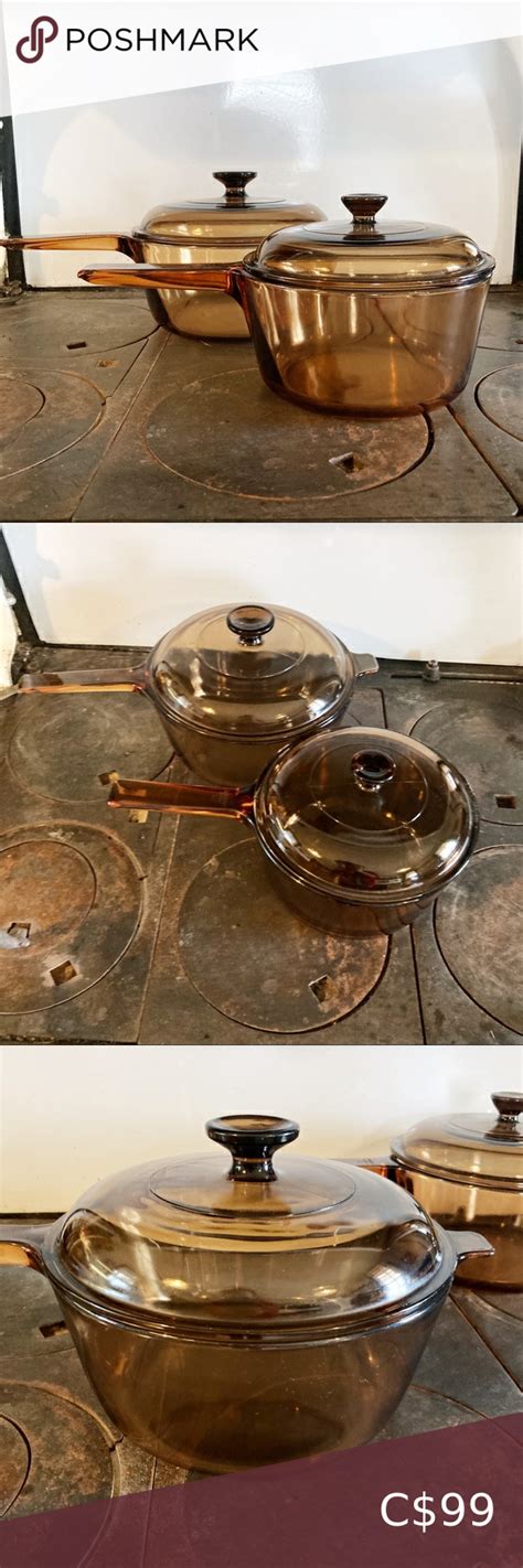 Vintage Pyrex Vision Amber Glass Cooking Pot Saucepan Set L And L