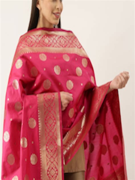 Buy Silk Land Pink Gold Toned Ethnic Motifs Woven Design Pure