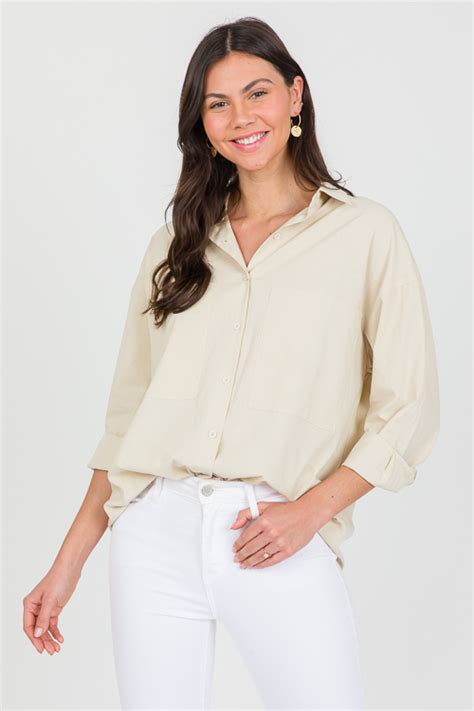 Mikayla Button Down Oatmeal Sale The Blue Door Boutique