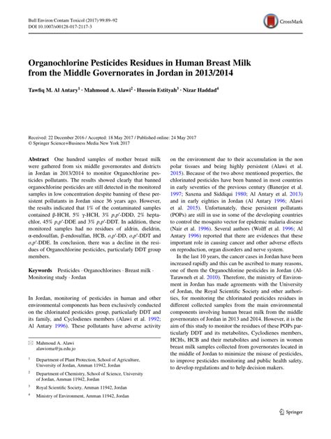 Pdf Organochlorine Pesticides Residues In Human Breast Milk From The