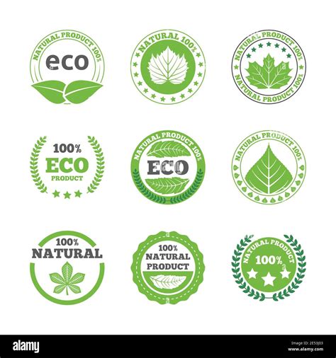 Ecological Green Leaves Symbols Earth Friendly Organic Quality Bio Products Round Labels