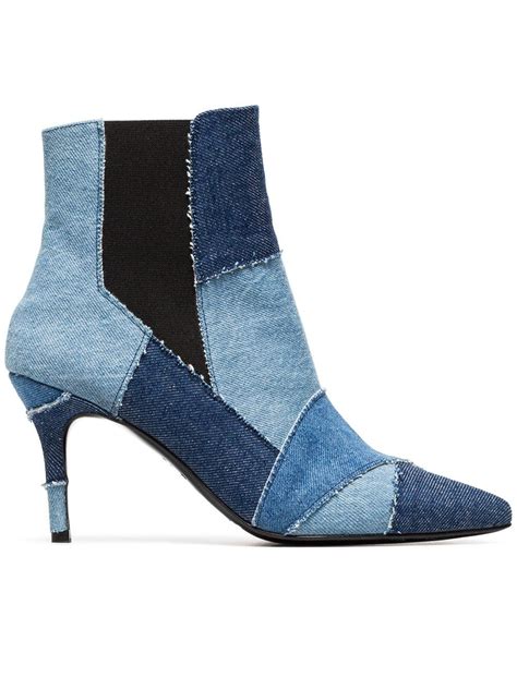 Kalda Blue Caro Denim Patchwork Ankle Boots Patchwork Boots Boots