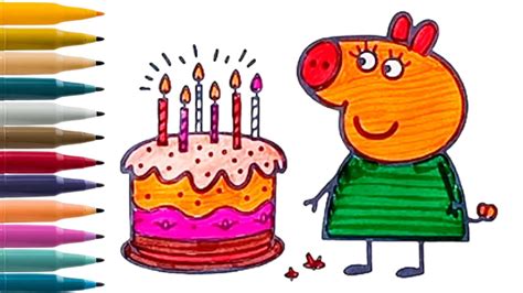 How To Draw And Colour Peppa Pig And Birthday Cake 🎂🍰 Peppa Pig