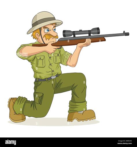 Cartoon Illustration Of A Hunter Aiming A Rifle Stock Vector Image