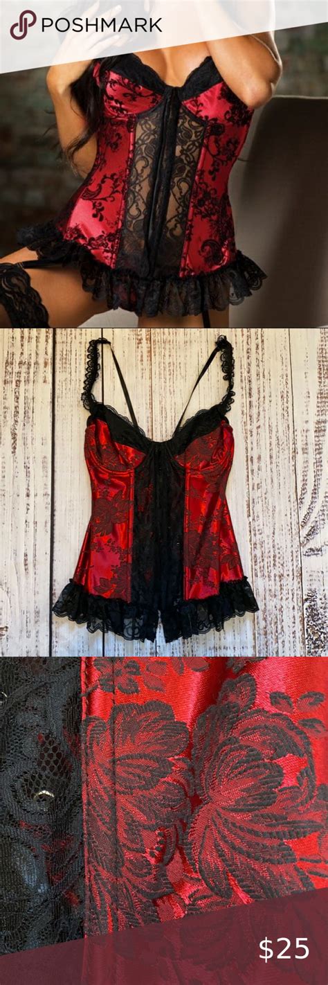 Shirley Of Hollywood Longline Red And Black Lace Roses Corset Bustier 38 Long A Line Corset