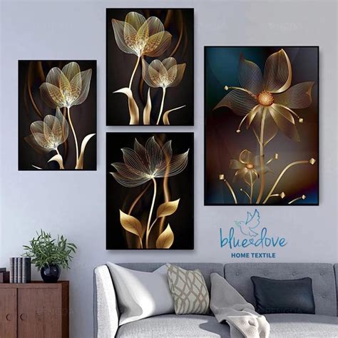 Abstract Black Golden Flower Luxury Poster Nordic Plant Leaf Canvas