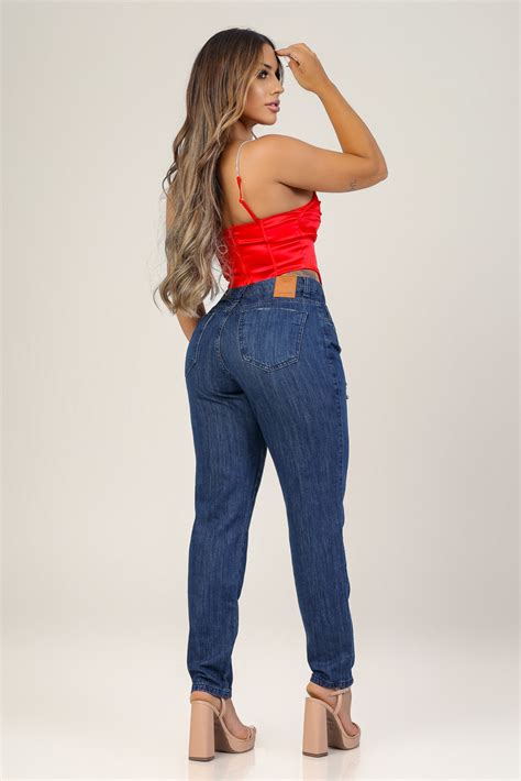 Calca Jeans Mom Modeladora De Cintura Alta Pence Na Barra Azul