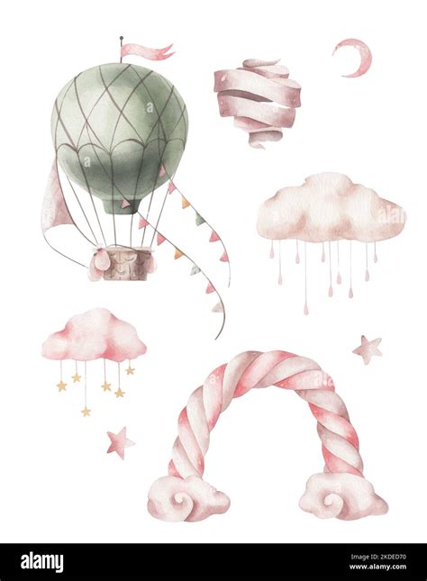 Watercolor Hot Air Balloon And Rainbow And Clouds Isolated Cute