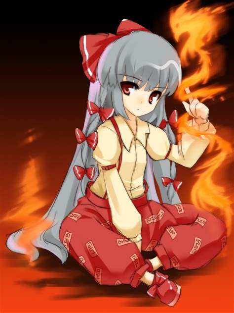 Safebooru Bow Fire Fujiwara No Mokou Hair Bow Hair Ribbon Highres