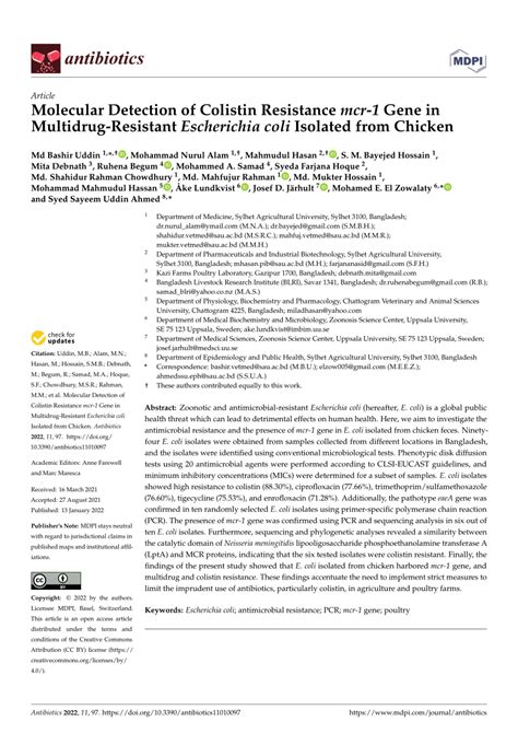 PDF Molecular Detection Of Colistin Resistance Mcr 1 Gene In