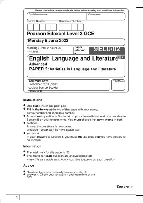 Pearson Edexcel Gce English Language And Literature Advanced Paper 2