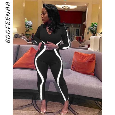 Boofeenaa Women One Peice Jumpsuit Reflective Striped Patchwork Spandex