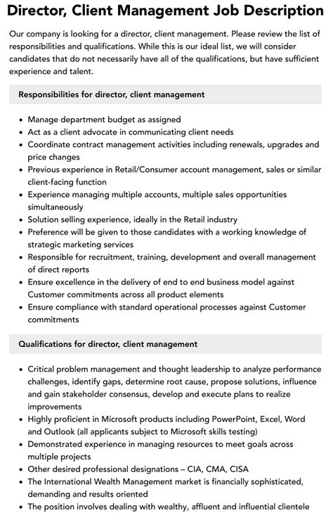 Director Client Management Job Description Velvet Jobs