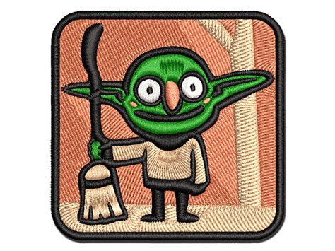 Creepy Goblin With Witch Broomstick Multi Color Embroidered Iron On Or Hook And Loop Patch