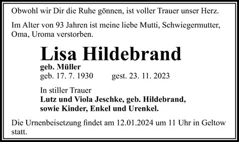 Traueranzeigen Von Lisa Hildebrand Trauer Anzeigen De