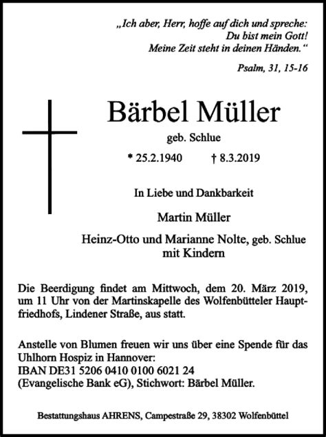 Traueranzeigen von Bärbel Müller trauer38 de